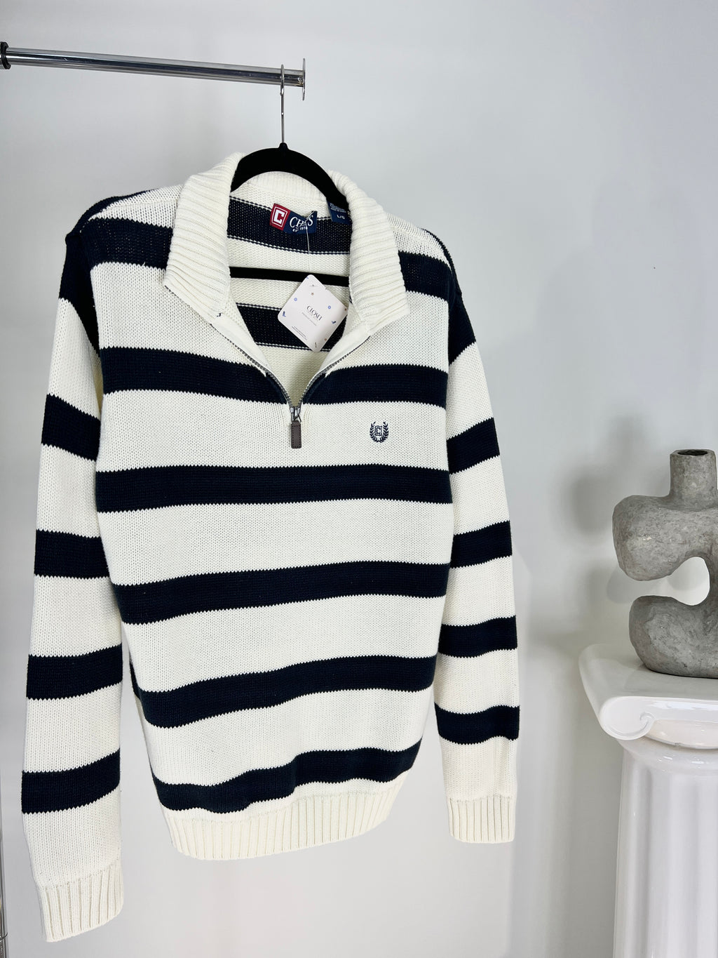 VINTAGE NAVY + WHITE STRIPED KNIT QUARTER ZIP SWEATER