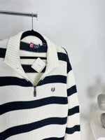 VINTAGE NAVY + WHITE STRIPED KNIT QUARTER ZIP SWEATER