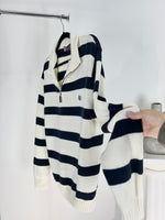 VINTAGE NAVY + WHITE STRIPED KNIT QUARTER ZIP SWEATER