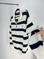 VINTAGE NAVY + WHITE STRIPED KNIT QUARTER ZIP SWEATER