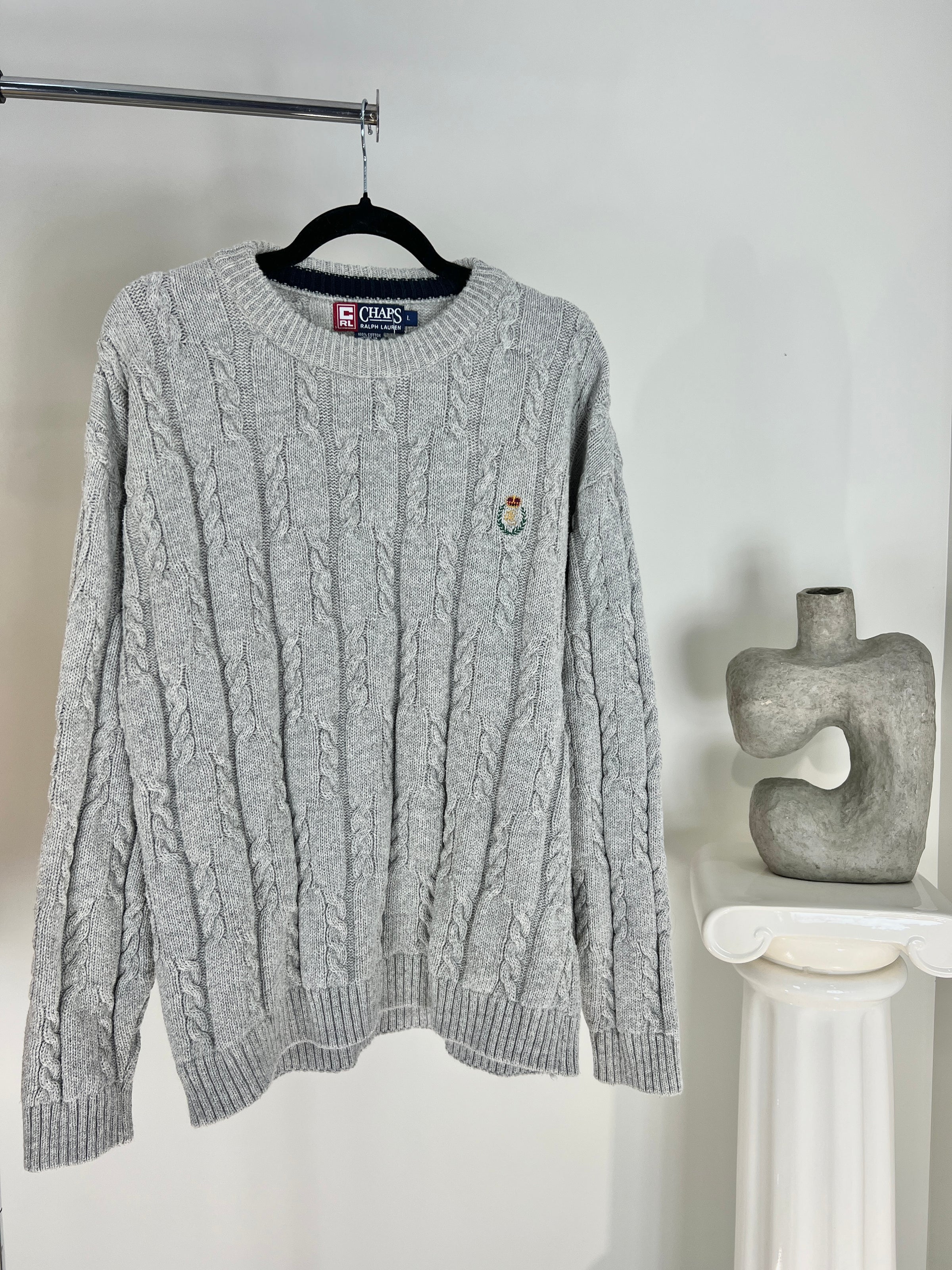 VINTAGE RALPH LAUREN CHAPS GREY CABLE KNIT SWEATER Closet From Hell VINTAGE RALPH LAUREN CHAPS GREY CABLE KNIT SWEATER Closet From Hell