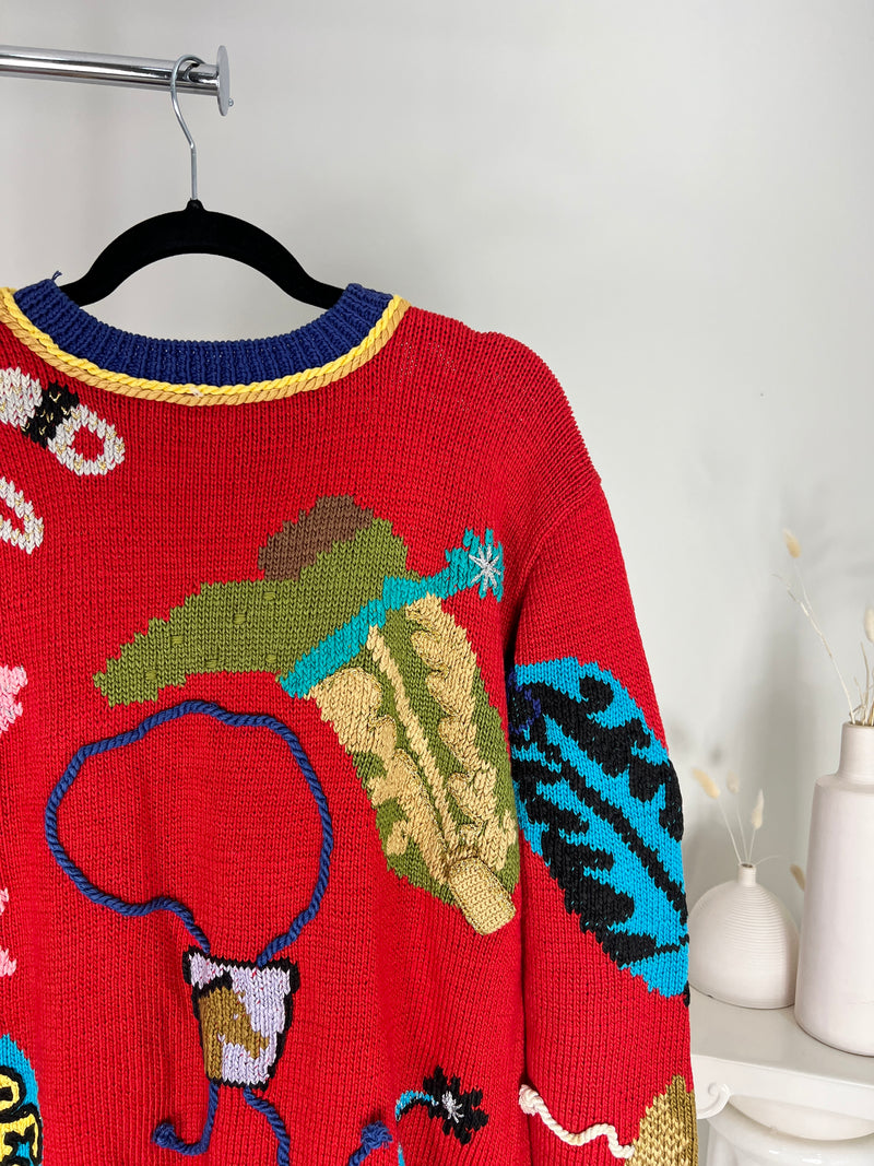 VINTAGE RED COWBOY HAND KNIT ONE-OF-A-KIND SWEATER