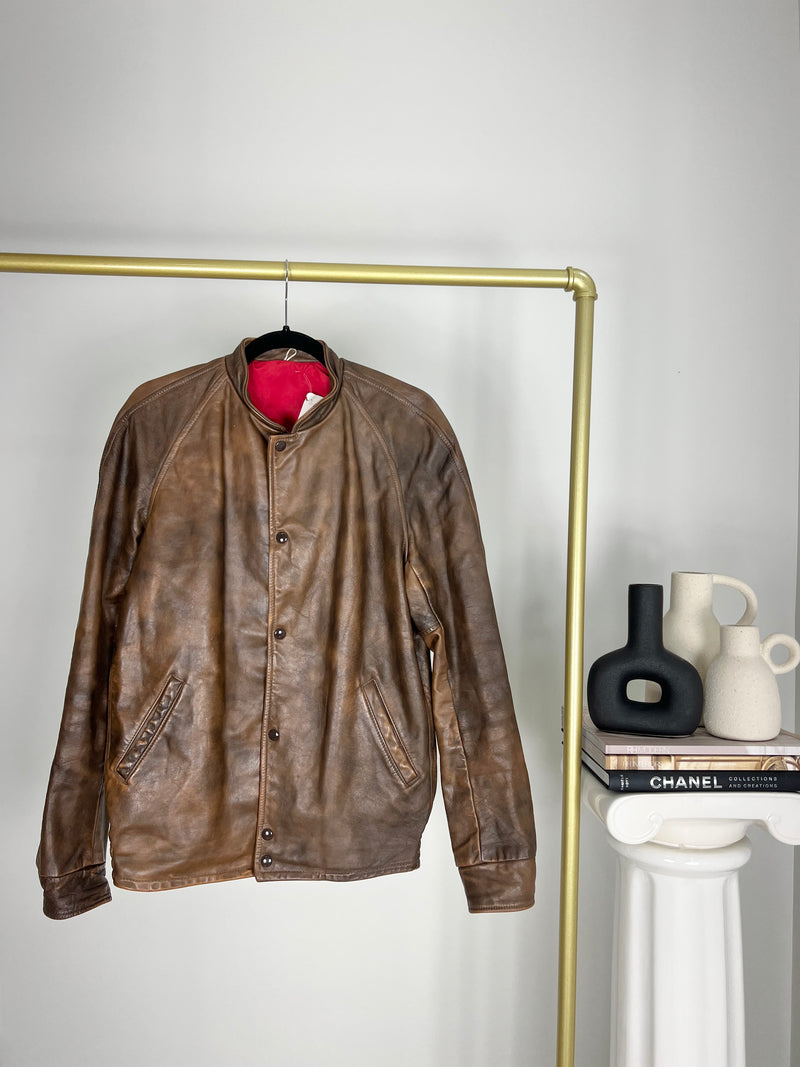 VINTAGE BROWN DISTRESSED LEATHER BOMBER JACKET