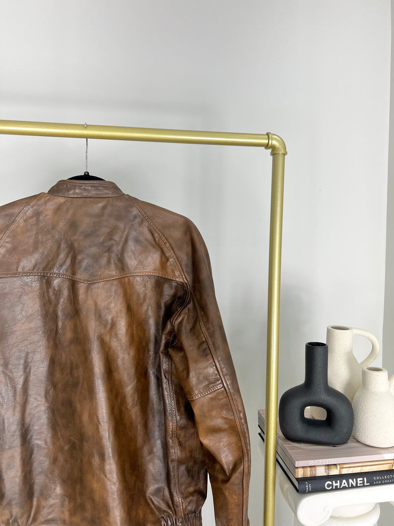 VINTAGE BROWN DISTRESSED LEATHER BOMBER JACKET