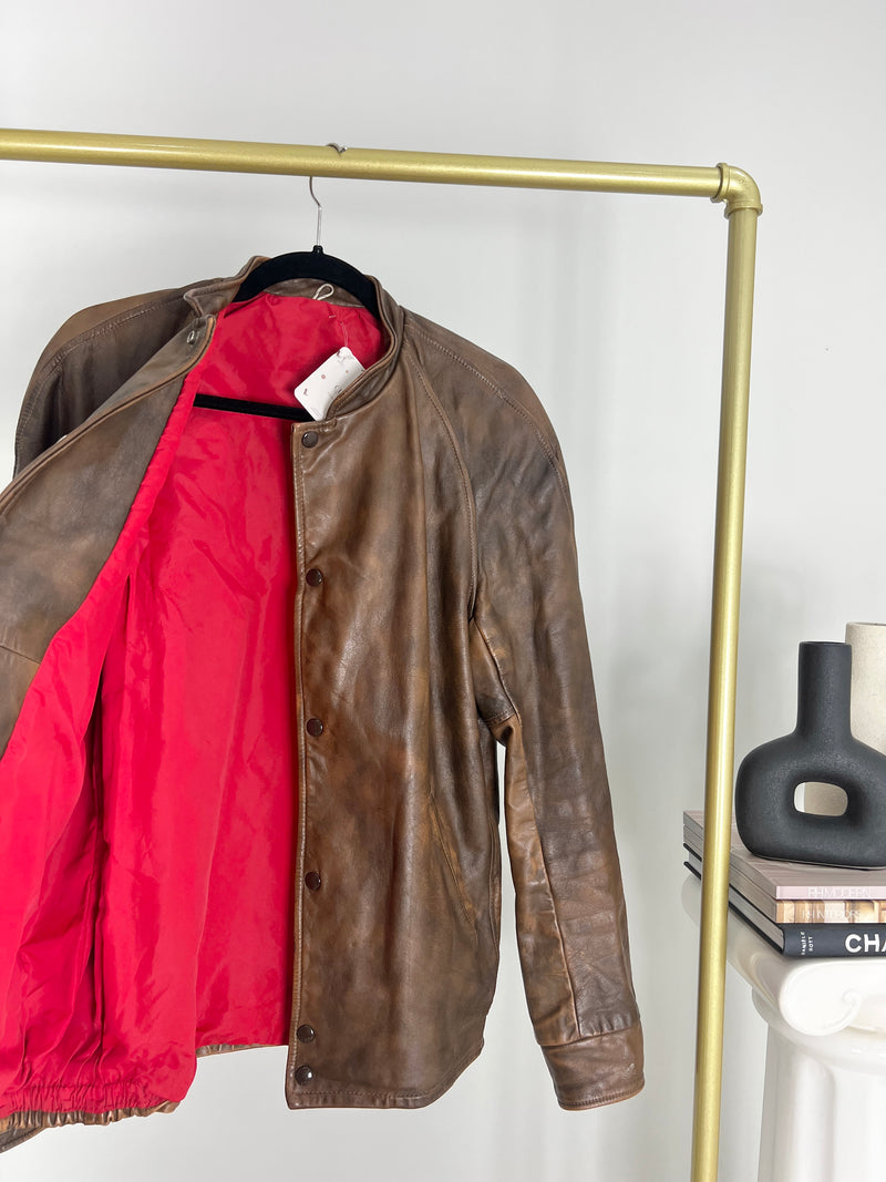 VINTAGE BROWN DISTRESSED LEATHER BOMBER JACKET