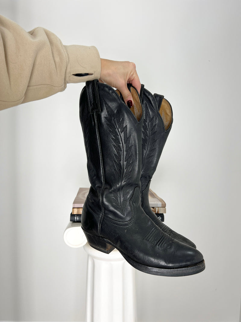 VINTAGE BLACK LEATHER COWBOY BOOTS | 7