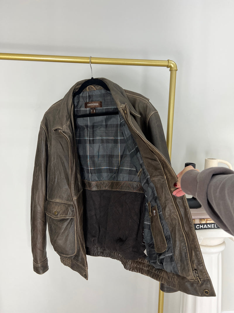 VINTAGE DANIER DISTRESSED BROWN LEATHER BOMBER JACKET