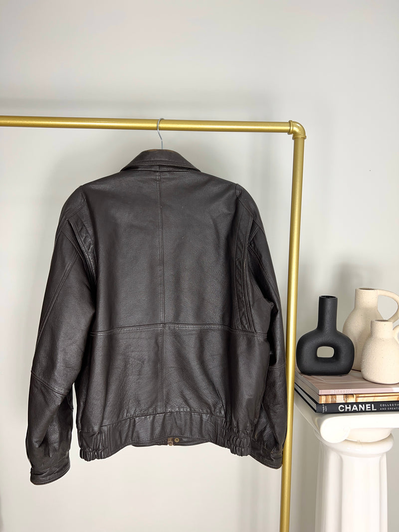 VINTAGE ESPRESSO BROWN DISTRESSED LEATHER BOMBER JACKET