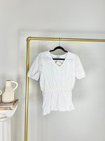 V NECK WHITE EYELET EMBROIDERED TOP