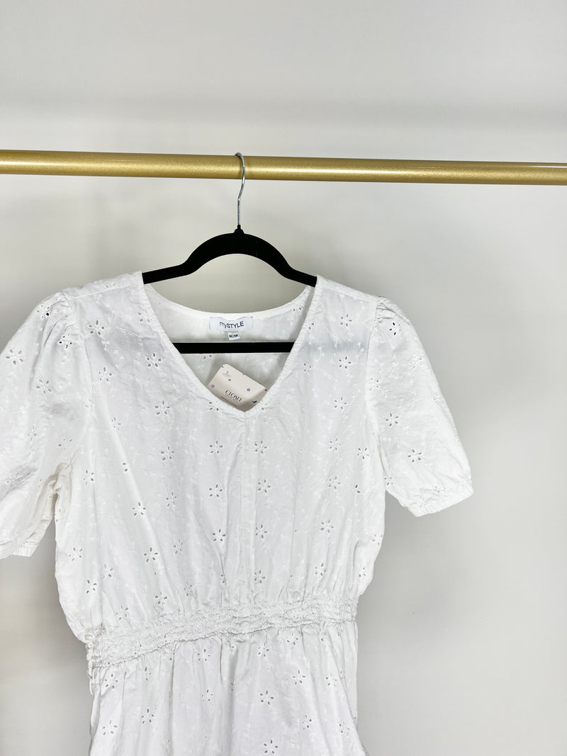 V NECK WHITE EYELET EMBROIDERED TOP