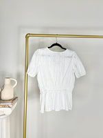 V NECK WHITE EYELET EMBROIDERED TOP