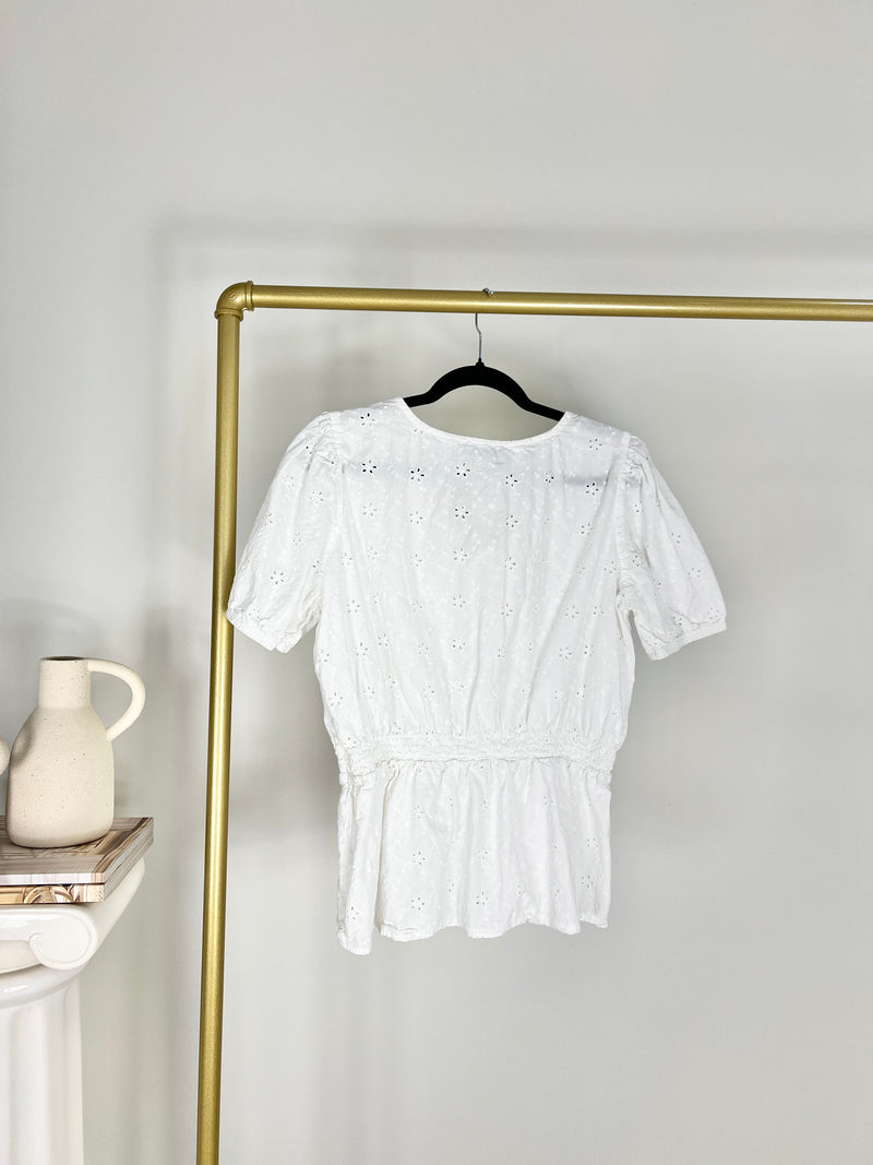 V NECK WHITE EYELET EMBROIDERED TOP