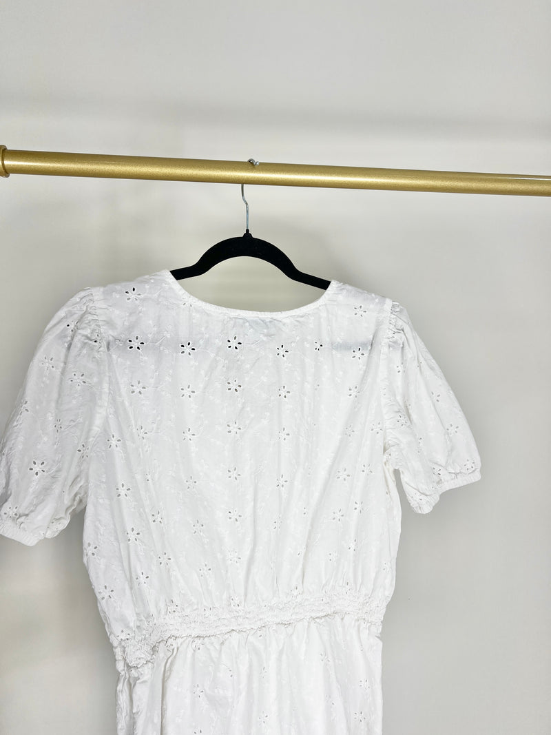V NECK WHITE EYELET EMBROIDERED TOP