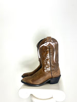 VINTAGE LEATHER BROWN EMBROIDERED CANADA WEST COWBOY BOOTS - SIZE 7