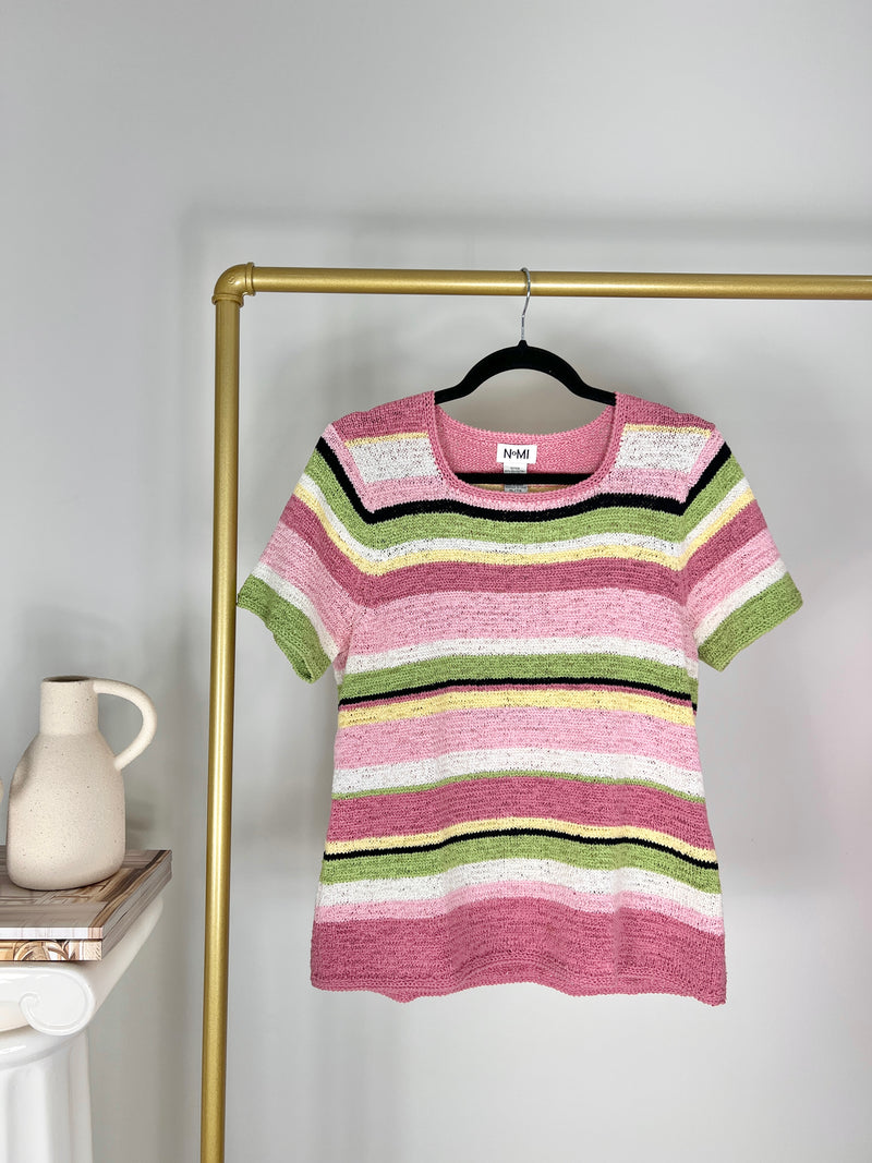 VINTAGE PINK STRIPE SHORT SLEEVE KNIT SWEATER