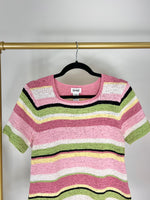 VINTAGE PINK STRIPE SHORT SLEEVE KNIT SWEATER