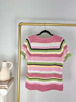 VINTAGE PINK STRIPE SHORT SLEEVE KNIT SWEATER