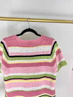 VINTAGE PINK STRIPE SHORT SLEEVE KNIT SWEATER