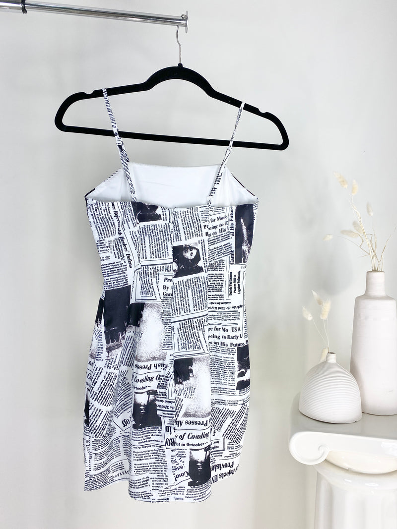 BLACK + WHITE NEWSPAPER PRINT MINI DRESS