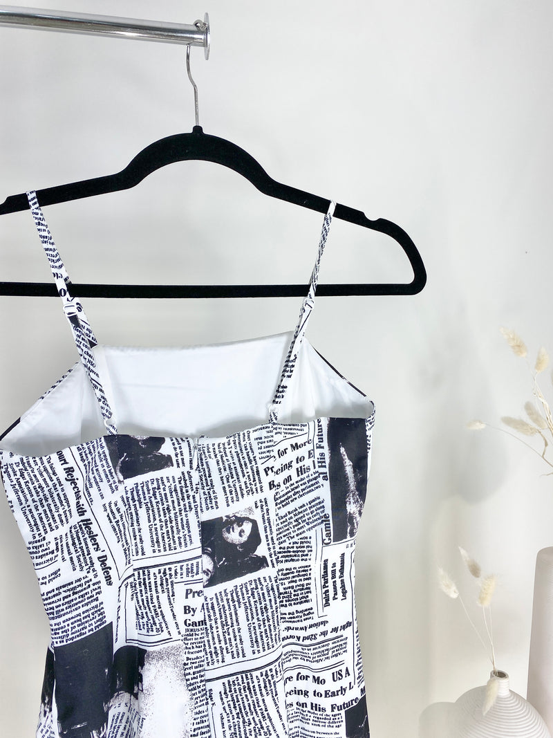 BLACK + WHITE NEWSPAPER PRINT MINI DRESS