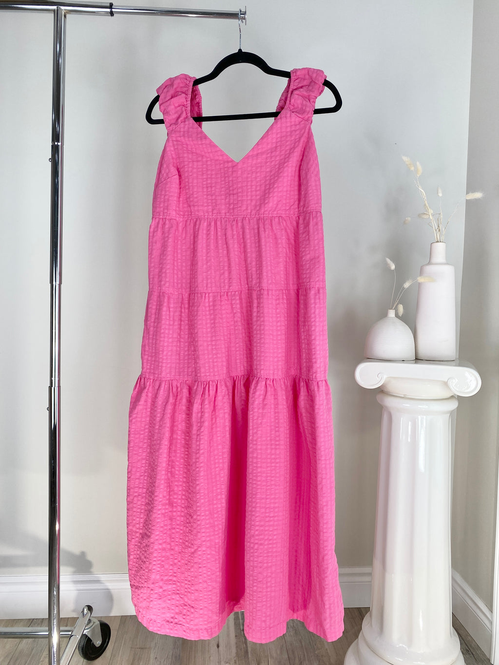 PINK TIE BACK TIERED MAXI DRESS