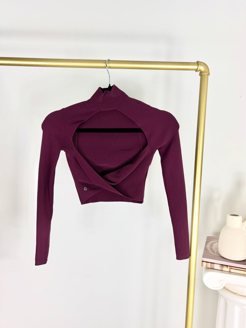 LULULEMON RIBBED KNIT TWIST BACK MOCK NECK SWEATER