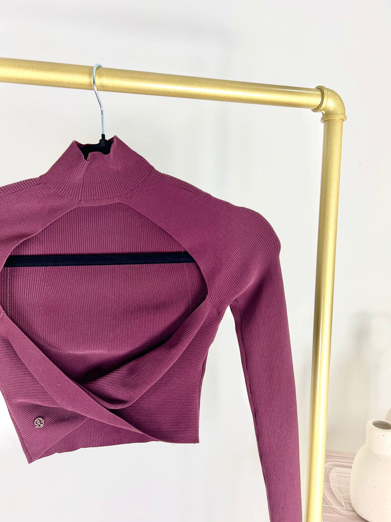 LULULEMON RIBBED KNIT TWIST BACK MOCK NECK SWEATER