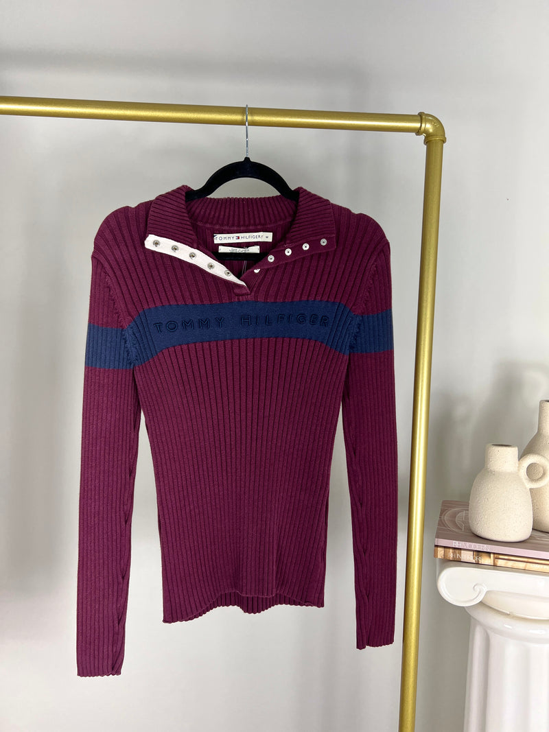 VINTAGE BURGUNDY TOMMY HILFIGER RIBBED COLLARED SWEATER