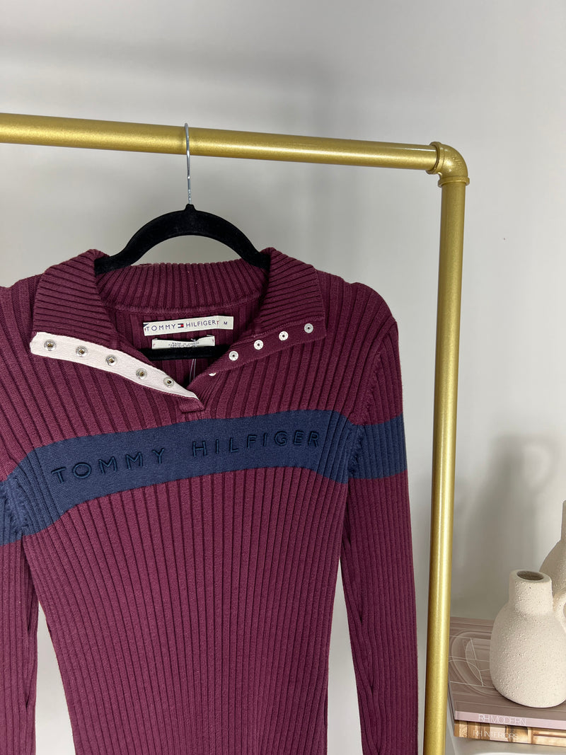 VINTAGE BURGUNDY TOMMY HILFIGER RIBBED COLLARED SWEATER