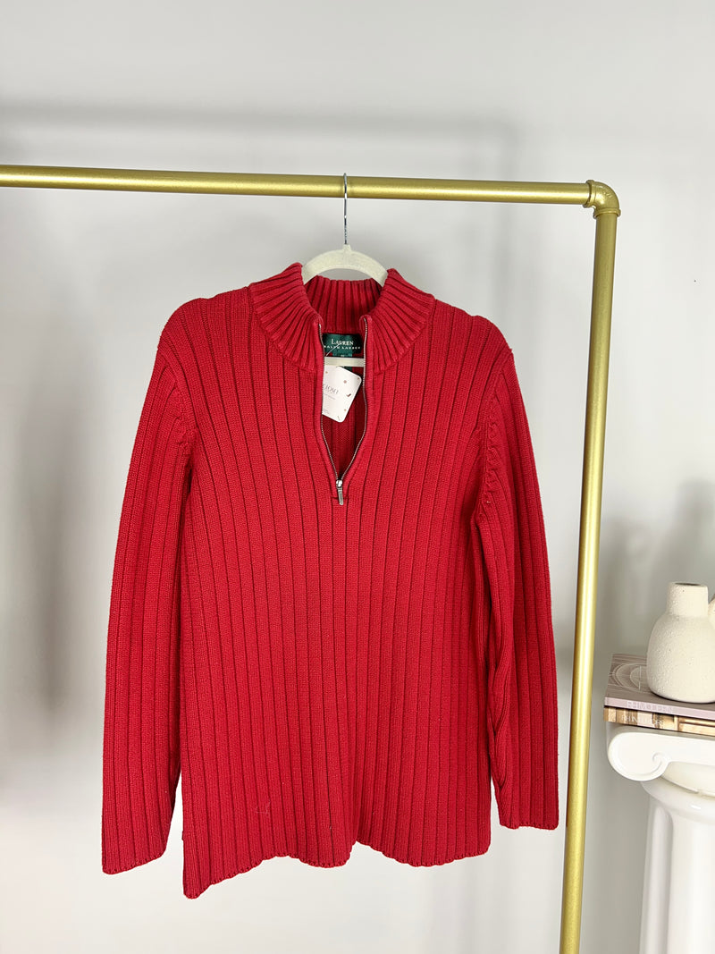 VINTAGE RALPH LAUREN RED QUARTER ZIP RIBBED SWEATER