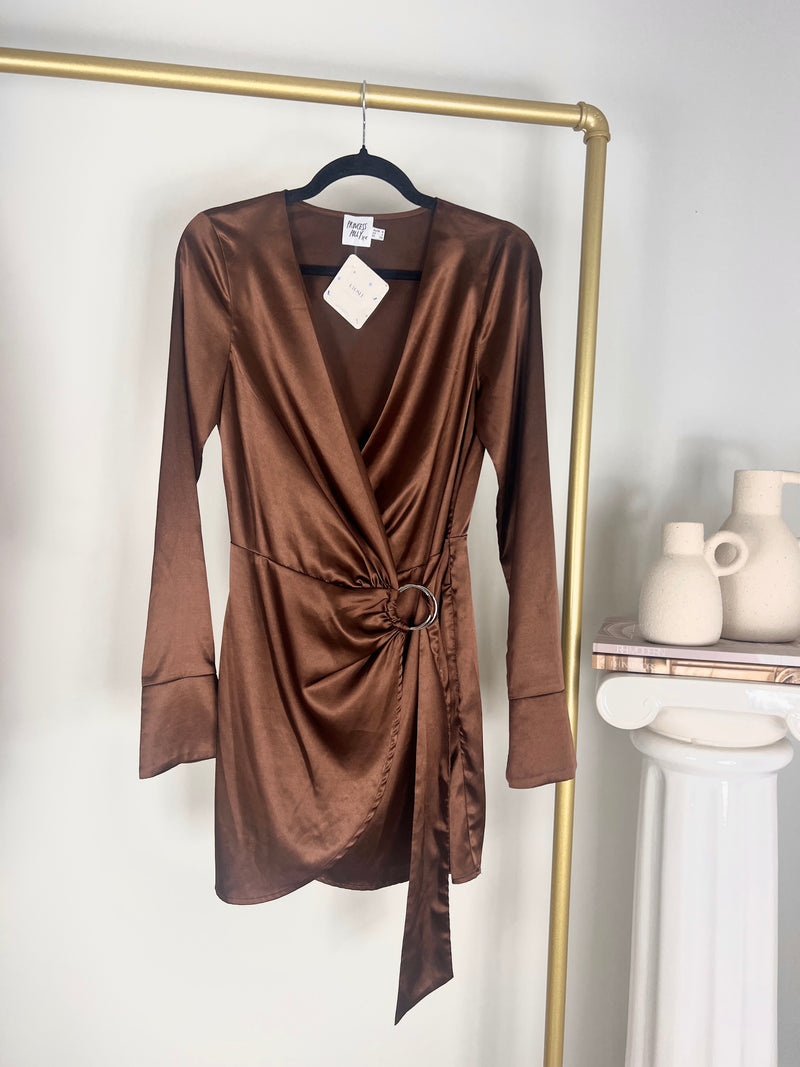 PRINCESS POLLY CHOCOLATE BROWN WRAP MINI DRESS