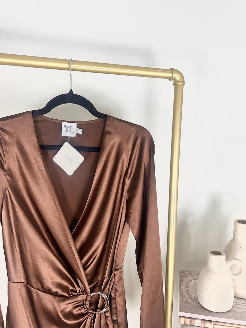 PRINCESS POLLY CHOCOLATE BROWN WRAP MINI DRESS