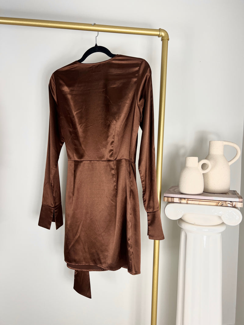 PRINCESS POLLY CHOCOLATE BROWN WRAP MINI DRESS