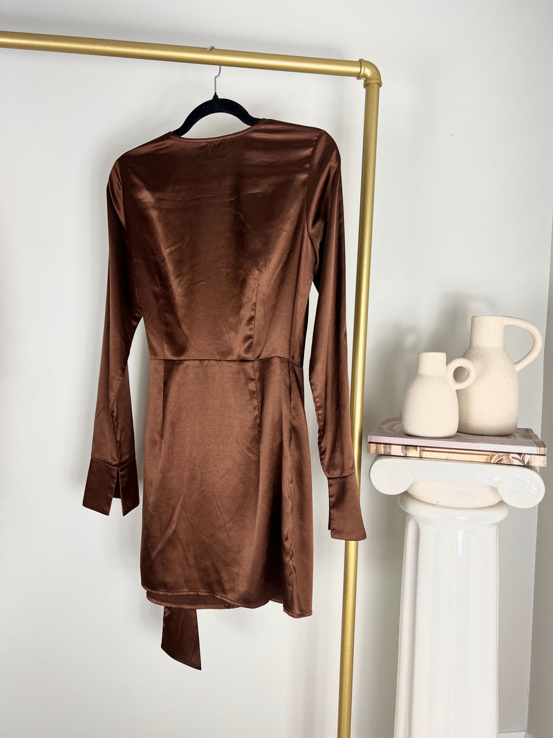 PRINCESS POLLY CHOCOLATE BROWN WRAP MINI DRESS