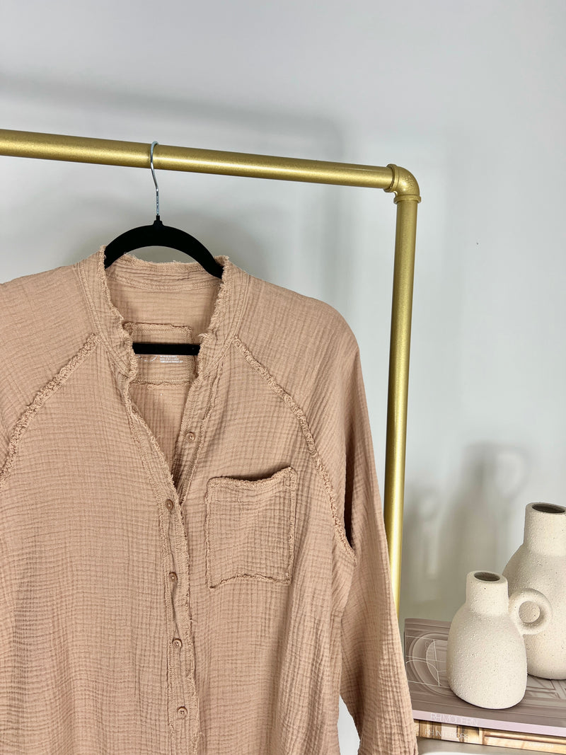 AERIE OVERSIZED GAUZE BUTTON-UP TAN SHIRT