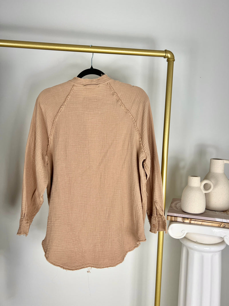 AERIE OVERSIZED GAUZE BUTTON-UP TAN SHIRT