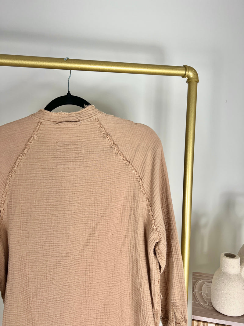 AERIE OVERSIZED GAUZE BUTTON-UP TAN SHIRT