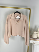 AERIE BUTTON HENLEY TAN CROPPED SWEATSHIRT