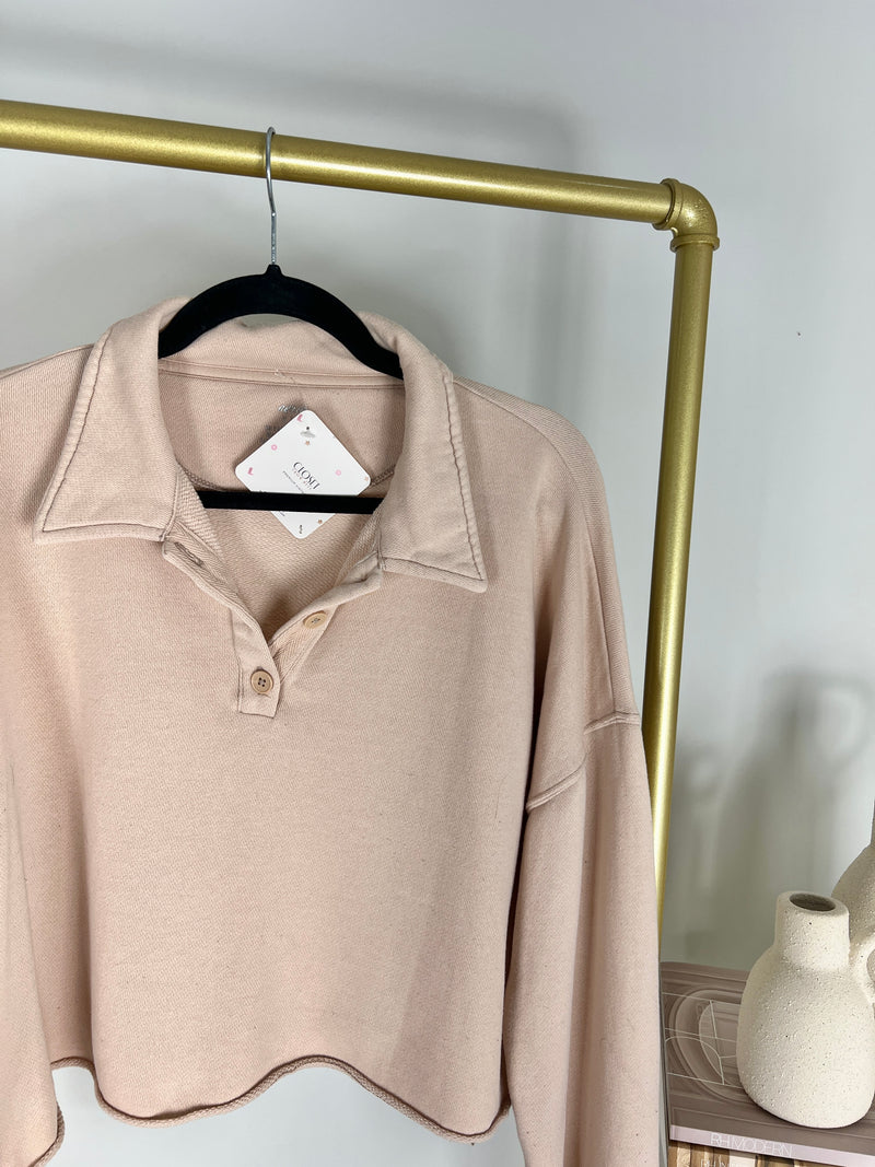 AERIE BUTTON HENLEY TAN CROPPED SWEATSHIRT