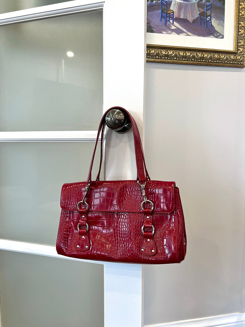 RALPH LAUREN CROC-EMBOSSED PATENT LEATHER SHOULDER BAG