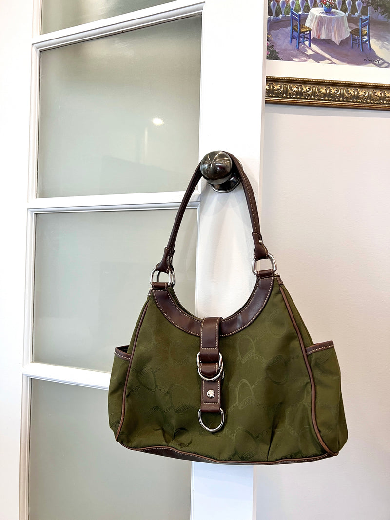 RALPH LAUREN OLIVE GREEN MONOGRAM SHOULDER TOTE
