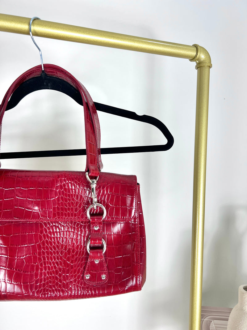 RALPH LAUREN CROC-EMBOSSED PATENT LEATHER SHOULDER BAG