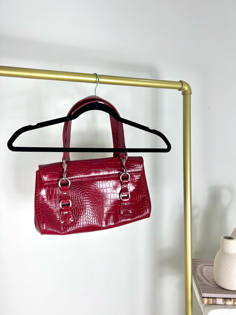 RALPH LAUREN CROC-EMBOSSED PATENT LEATHER SHOULDER BAG
