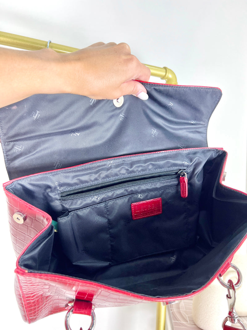 RALPH LAUREN CROC-EMBOSSED PATENT LEATHER SHOULDER BAG