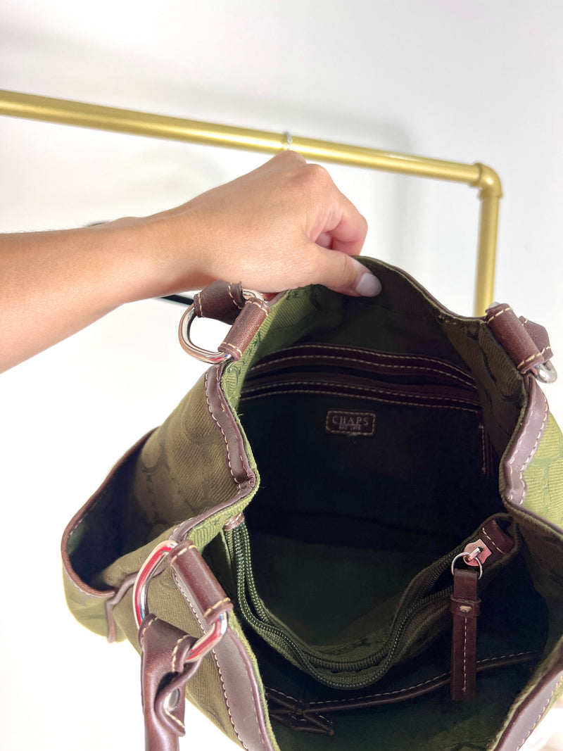 RALPH LAUREN OLIVE GREEN MONOGRAM SHOULDER TOTE