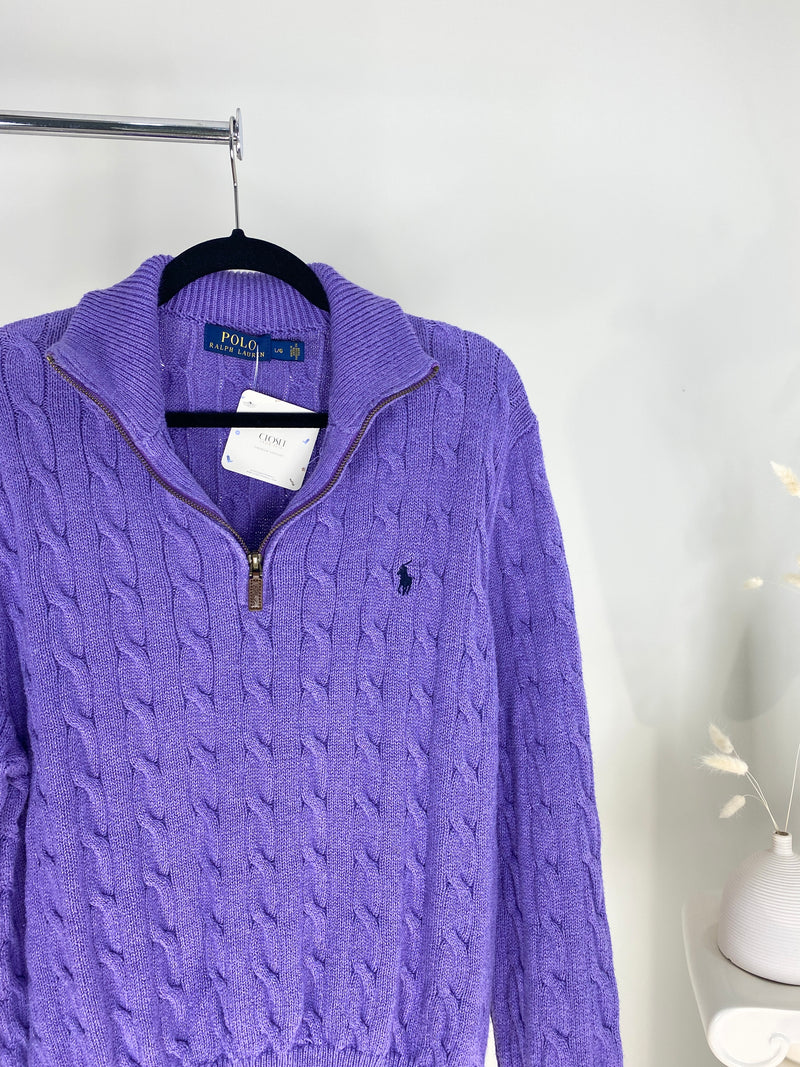 VINTAGE RALPH LAUREN PURPLE CABLE KNIT QUARTER ZIP SWEATER