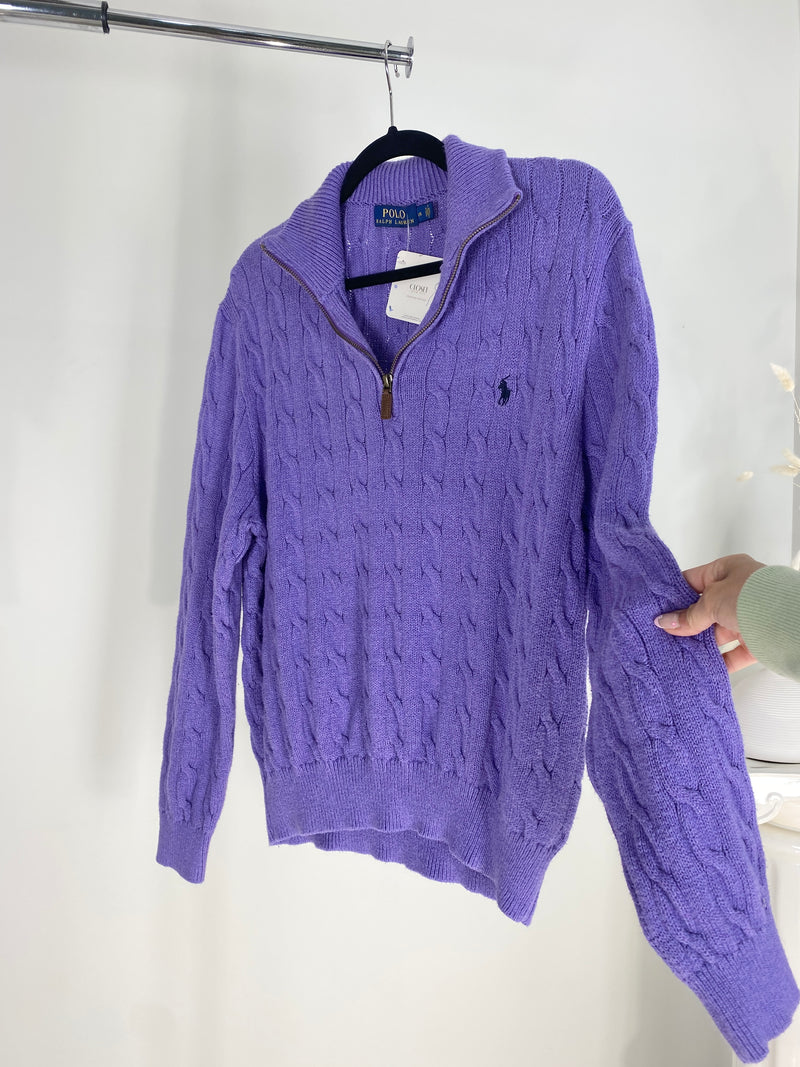 VINTAGE RALPH LAUREN PURPLE CABLE KNIT QUARTER ZIP SWEATER