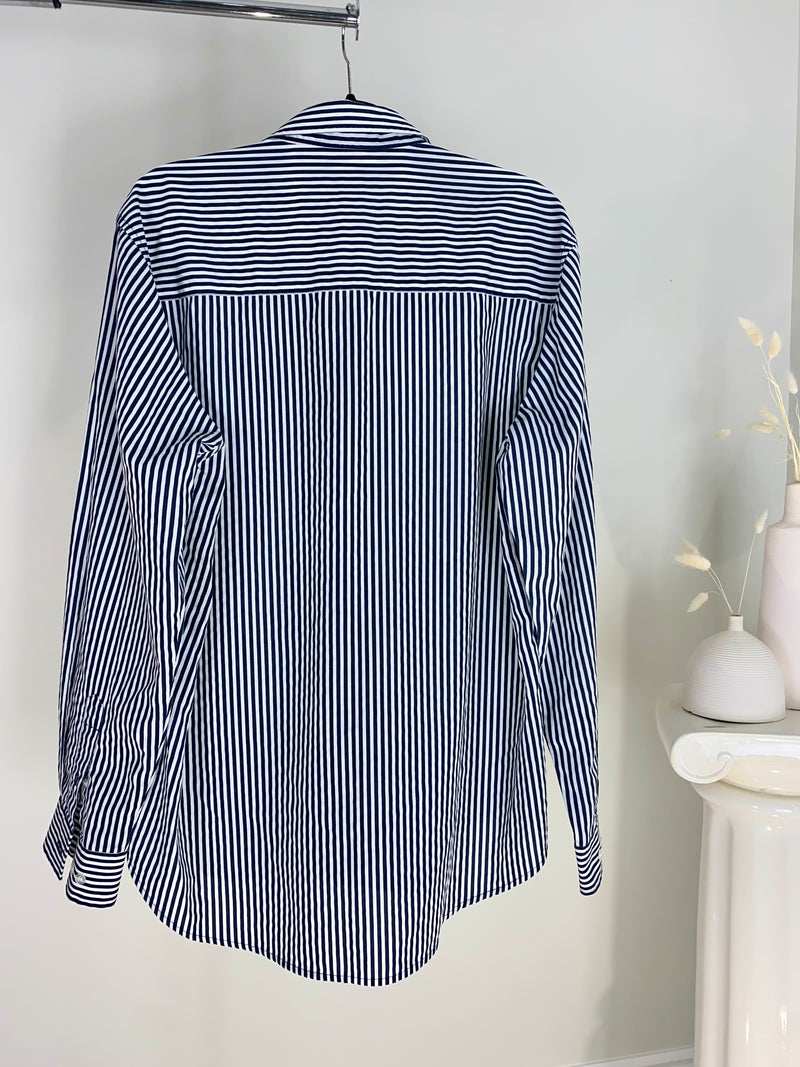 VINTAGE NAVY + WHITE STRIPED BUTTON-UP SHIRT