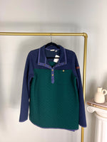 LL BEAN GREEN + NAVY QUILTED SNAP PULLOVER