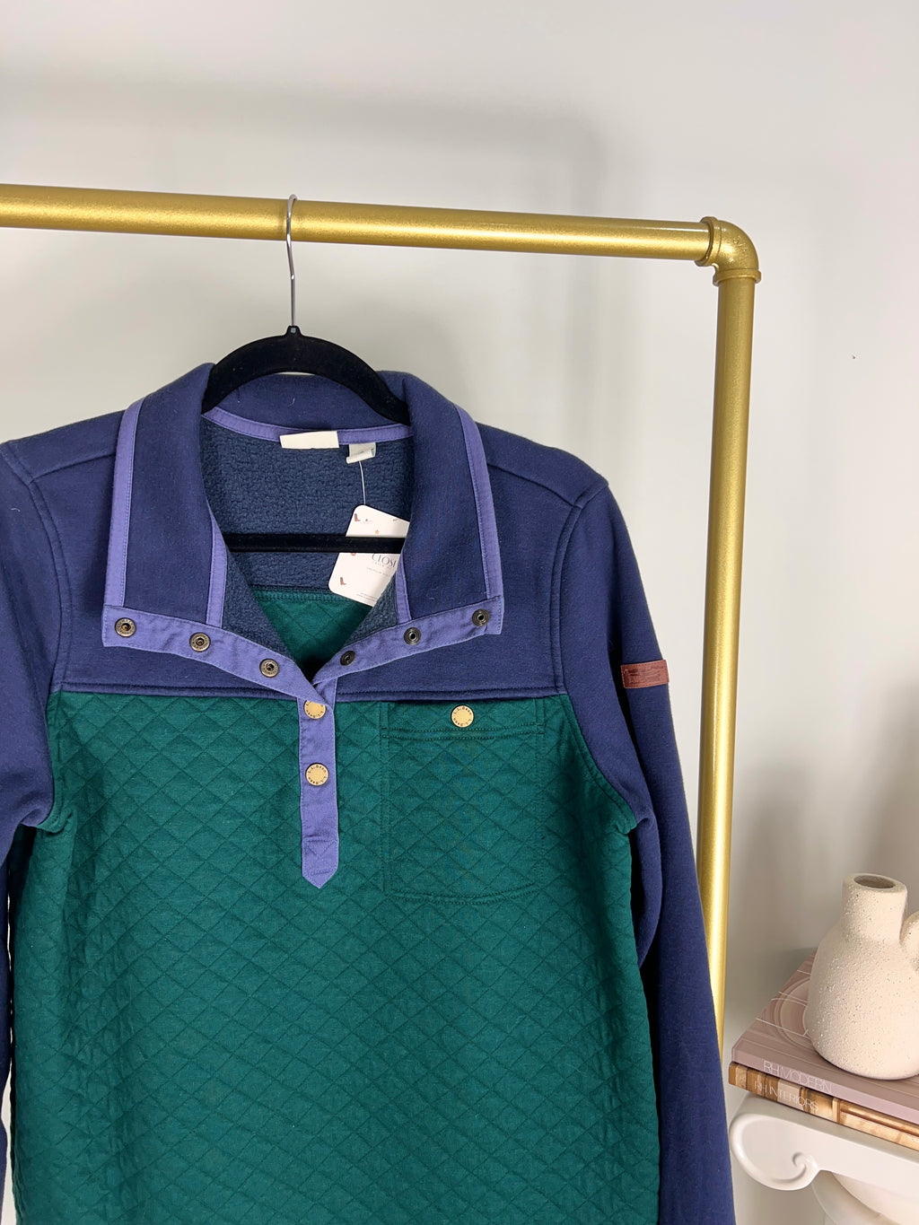 LL BEAN GREEN + NAVY QUILTED SNAP PULLOVER
